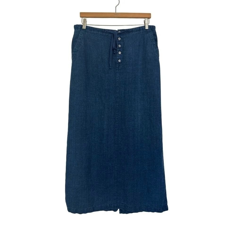 Vtg Eddie Bauer‎ Y2K Navy 100% Linen Maxi Skirt 14 Tall Denim Look Granola Girl